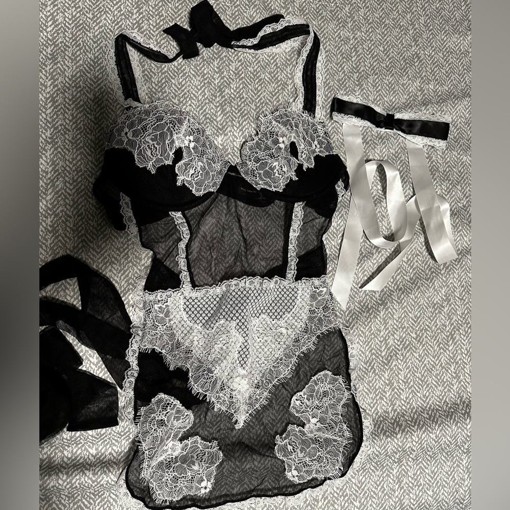 VS Black and White Maid Lace Lingerie Set
